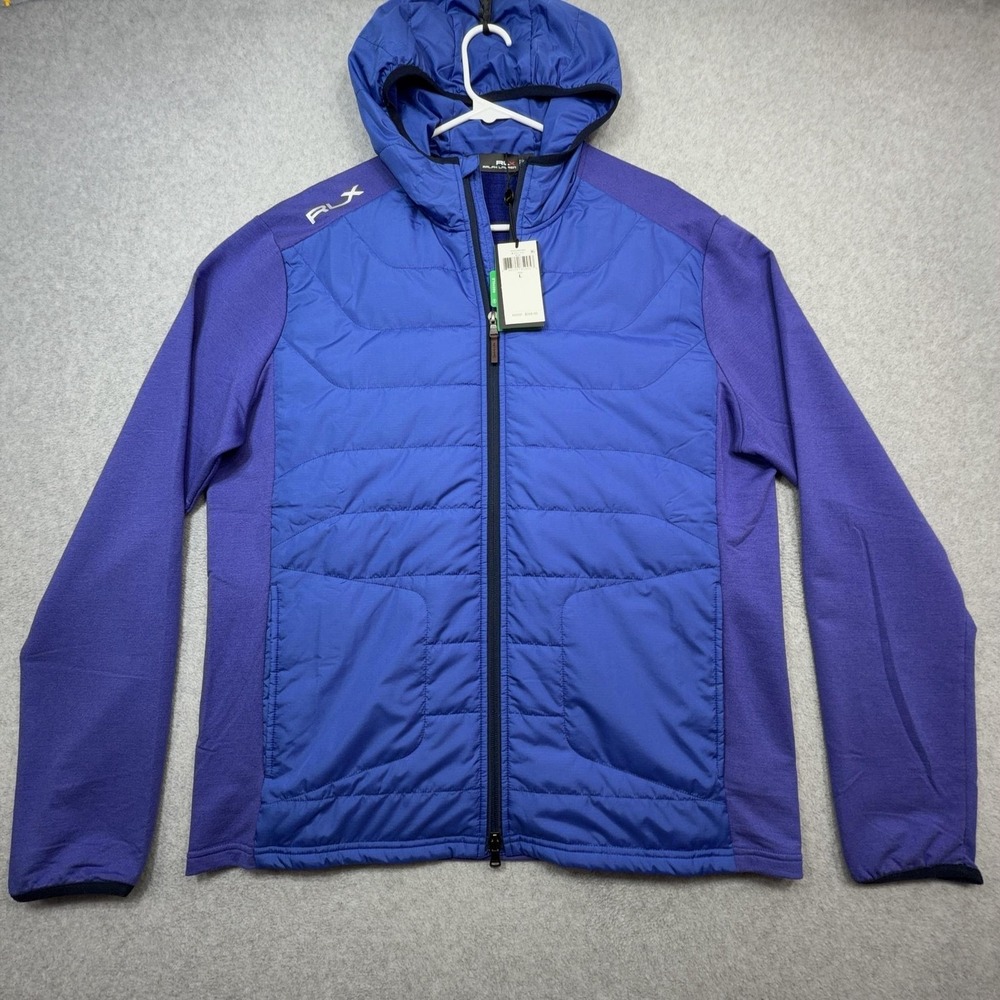 RLX Ralph Lauren Golf 1/15 Hybrid Jacket Mens Large Blue Hooded Wool Blend